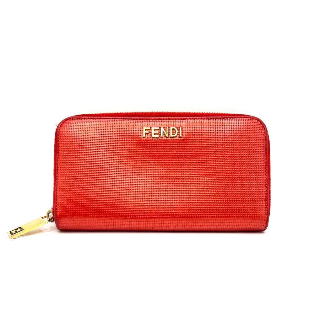 Authentic FENDI Logo Red Leather Long Zip Around Wallet Gold Tone FF Hardware